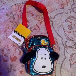 Peanuts Snoopy & Woodstock Red and Blue Sequin Metallic Crossbody Purse Bag NEW